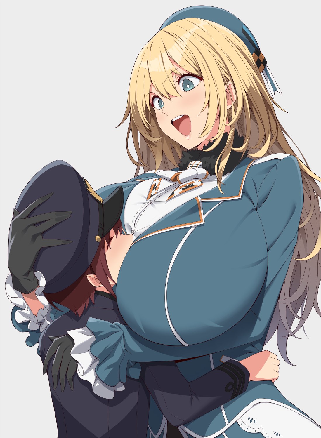 1boy 1girl admiral_(kancolle) age_difference aqua_eyes atago_(kancolle) black_gloves black_headwear blonde_hair blue_headwear breast_smother breasts bright_pupils brown_hair chevron_(symbol) closed_eyes face_to_breasts frilled_sleeves frills fur_trim gloves grey_background hair_between_eyes hand_on_another's_head hand_on_another's_hip hat hetero highres hug huge_breasts kantai_collection kloah little_boy_admiral_(kancolle) long_hair military military_hat military_uniform naval_uniform onee-shota open_mouth redrawn simple_background uniform white_pupils