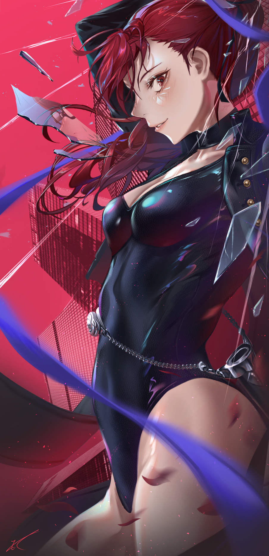 1girl black_collar black_jacket black_leotard blurry breasts broken_glass chain collar depth_of_field different_reflection falling_petals floating_hair from_side glass glass_shards highres jacket leotard long_hair looking_at_viewer medium_breasts parted_lips persona persona_5 persona_5_the_royal petals ponytail purple_ribbon red_eyes red_hair reflection ribbon shards solo thighs xi-u yoshizawa_kasumi yoshizawa_sumire
