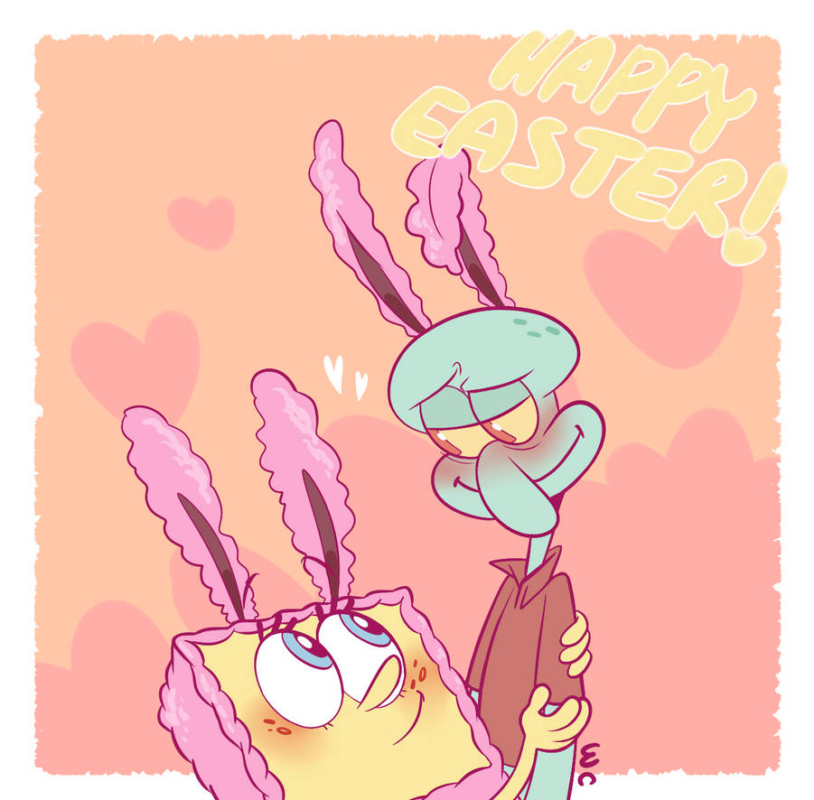 &lt;3 anthro blush bunny_costume cephalopod clothed clothing coleoid costume duo easter embrace eye_contact fake_ears fake_rabbit_ears freckles holidays lidded_eyes looking_at_another male marine mollusk nickelodeon octopodiform octopus sea_sponge shirt smile spongebob_squarepants spongebob_squarepants_(character) squidward_tentacles topwear waackery