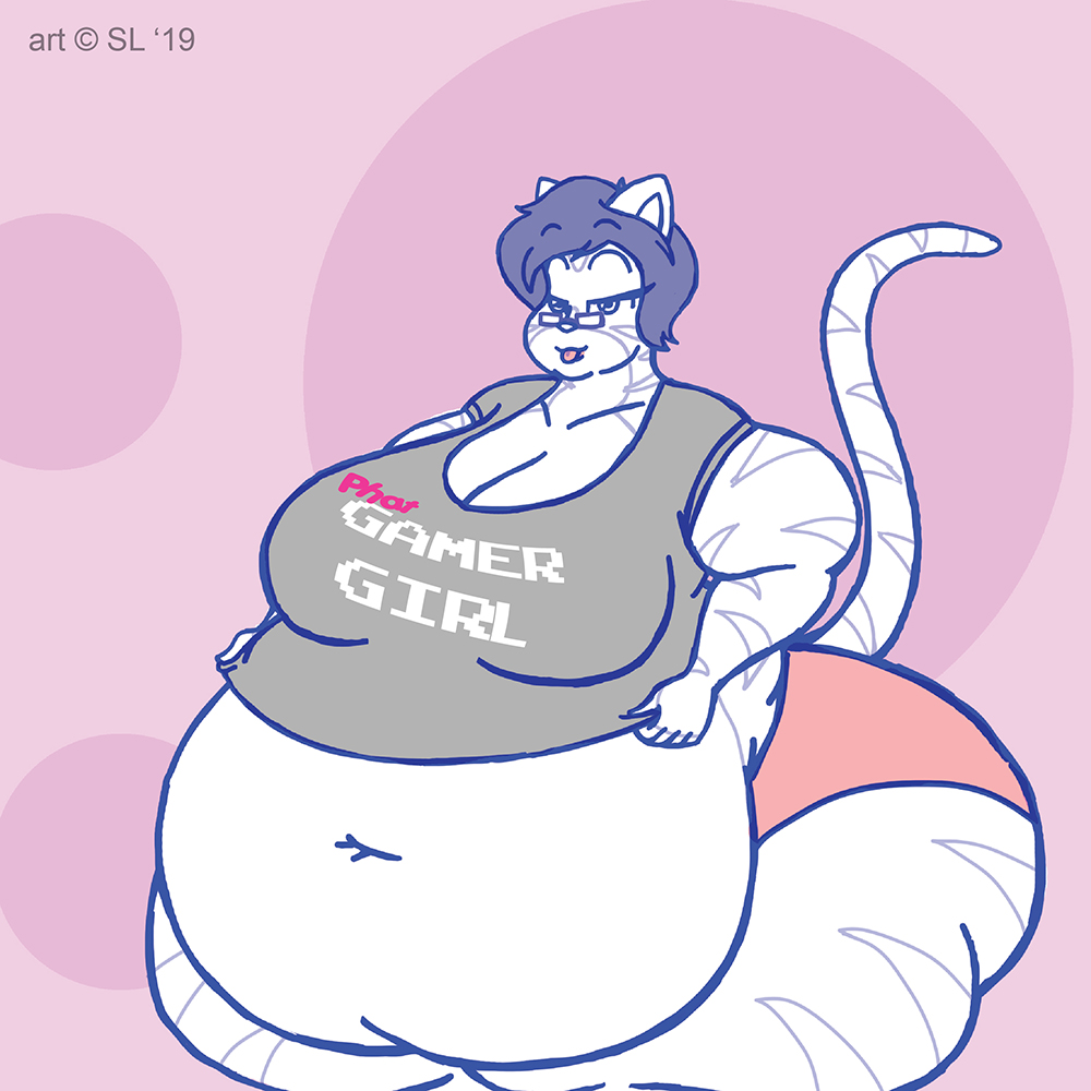 2019 anthro belly big_belly big_breasts breasts clothing copyright_symbol deep_navel digital_media_(artwork) domestic_cat english_text eyewear felid feline felis female fur ginny_(satsumalord) glasses hair mammal navel obese obese_anthro obese_female overweight overweight_anthro overweight_female panties satsumalord shirt sketch solo striped_body striped_fur stripes symbol text text_on_clothing text_on_shirt text_on_topwear tongue tongue_out topwear toyger underwear