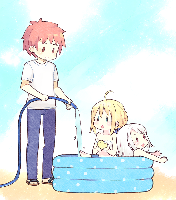 1boy 2girls 87banana ahoge artoria_pendragon_(fate) artoria_pendragon_(swimsuit_archer)_(fate) blonde_hair blue_bow blue_pants bow brown_eyes emiya_shirou fate/stay_night fate_(series) green_eyes hair_bow hose illyasviel_von_einzbern multiple_girls outdoors pants pool red_eyes red_hair rubber_duck shirt water white_hair white_shirt white_swimsuit