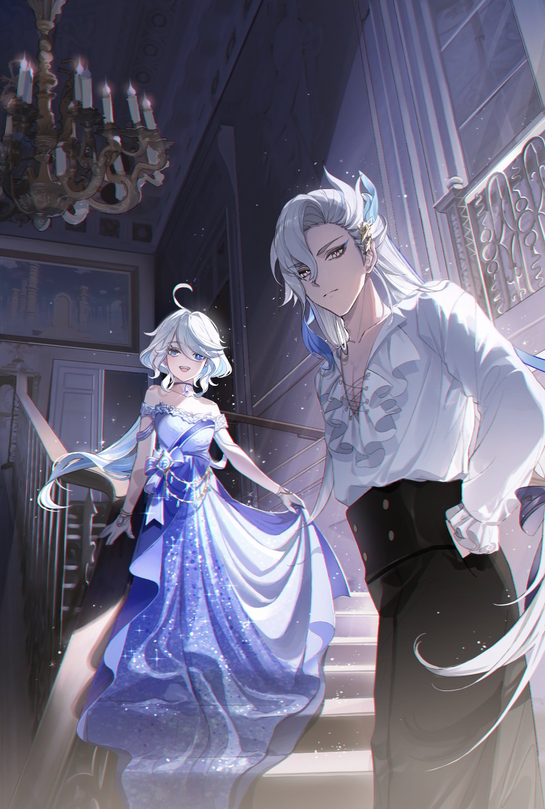 1boy 1girl ahoge alternate_costume black_pants blue_bow blue_brooch blue_dress blue_eyes blue_hair bow ceiling chandelier chromatic_aberration closed_mouth collarbone commentary door dress earrings expressionless fence furina_(genshin_impact) genshin_impact gloves grey_eyes grey_hair hand_in_pocket handrail heterochromia highres indoors isobe47 jewelry light light_blue_hair light_particles long_hair long_sleeves looking_at_viewer multicolored_hair necklace neuvillette_(genshin_impact) on_stairs pants pectorals picture_(object) smile stairs stairwell standing streaked_hair wall white_gloves window