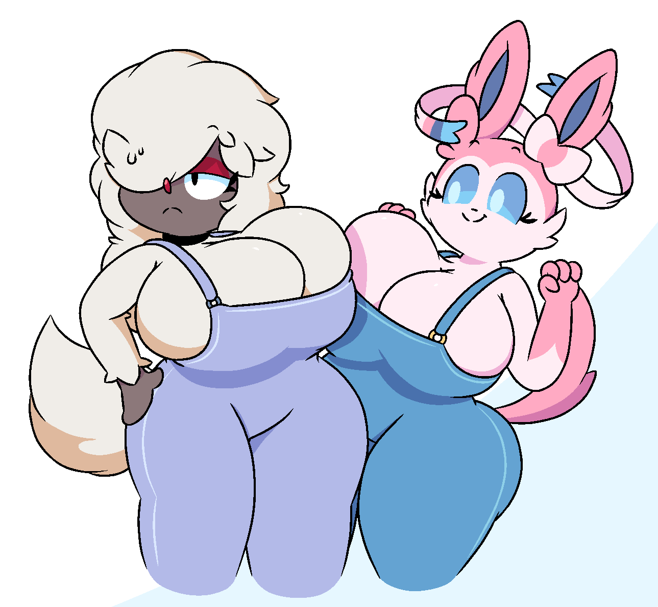 anthro big_breasts black_eyes blue_eyes blue_sclera breast_squish breasts clothing dewy-eyedboy duo eeveelution female fur furfrou generation_6_pokemon hair huge_breasts narrowed_eyes nintendo one_eye_obstructed overalls pink_body pink_fur pokemon pokemon_(species) smile squish standing sylveon thick_thighs white_body white_fur white_hair