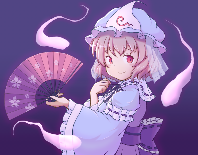 1girl black_ribbon blue_headwear blue_kimono blush closed_mouth commentary_request folding_fan frilled_kimono frilled_sleeves frills ghost hand_fan hat holding holding_fan japanese_clothes kimono long_sleeves looking_at_viewer medium_bangs mob_cap neck_ribbon oekakomi pink_hair purple_background red_eyes ribbon saigyouji_yuyuko short_hair sleeve_garter smile solo touhou triangular_headpiece upper_body wide_sleeves