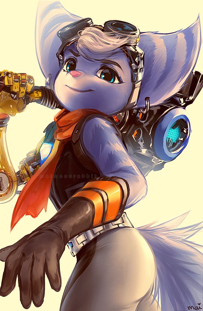 anthro clothed clothing eyewear female gloves goggles handwear holding_object holding_weapon lombax looking_at_viewer mammal mechanical_arm ratchet_and_clank rivet_(ratchet_and_clank) scarf simple_background sketchrabbit smile solo sony_corporation sony_interactive_entertainment weapon