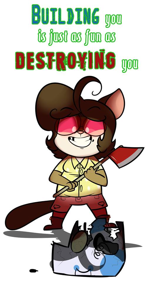 2015 anthro axe bottomwear brown_hair chokovit_(artist) clothing colored digital_drawing_(artwork) digital_media_(artwork) female furry_focus grin hair holding_axe machine mammal red_sclera robot robot_gore rodent shirt shorts simple_background smile solo species_request topwear white_background white_eyes