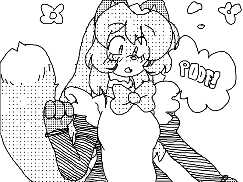 anthro averi_(fiddleafox) ben_day_dots bow_tie canid canine clothing dipstick_tail female female_anthro fox fur gloves_(marking) hair looking_down mammal markings monochrome onomatopoeia solo sound_effects tail tail_markings text unknown_artist