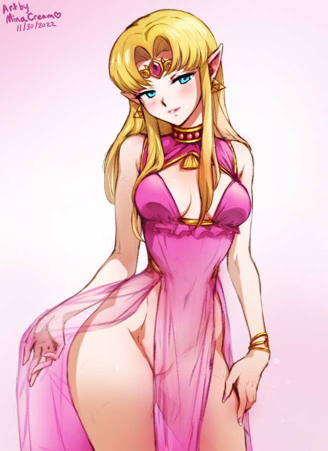 1girl 2022 artist_name blonde_hair blue_eyes bracelet breasts circlet cleavage_cutout clothing_cutout cowboy_shot dated dress jewelry looking_at_viewer medium_breasts mina_cream navel pelvic_curtain pointy_ears princess_zelda pussy see-through simple_background sleeveless sleeveless_dress smile solo the_legend_of_zelda the_legend_of_zelda:_a_link_between_worlds triforce_earrings