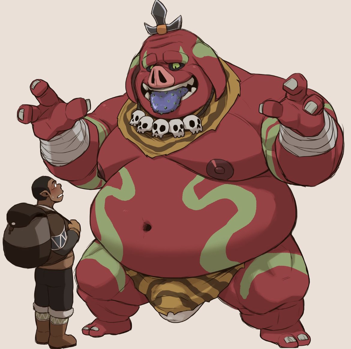 2023 backpack belly big_belly blin_(tloz) bokoblin boss_bokoblin bottomwear bulge clothing duo loincloth male moobs navel nintendo nipples othukimi overweight overweight_male pants red_body simple_background size_difference tears_of_the_kingdom the_legend_of_zelda tongue tongue_out underwear