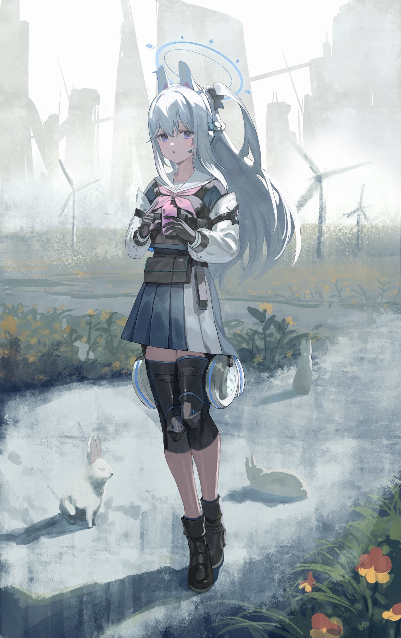 1girl animal_ears asymmetrical_bangs black_footwear black_gloves blue_archive blue_serafuku blue_skirt boots bow braid cellphone crown_braid detached_sleeves earpiece elbow_pads fake_animal_ears gloves grass hair_bow halo highres holding holding_phone knee_pads long_hair looking_at_viewer miyako_(blue_archive) neckerchief one_side_up outdoors phone pink_gloves pink_neckerchief plate_carrier pouch purple_eyes rabbit rabbit_ears sailor_collar school_uniform serafuku skirt smartphone solo two-tone_gloves two-tone_skirt walking white_hair white_sailor_collar white_skirt wind_turbine yomoyama55