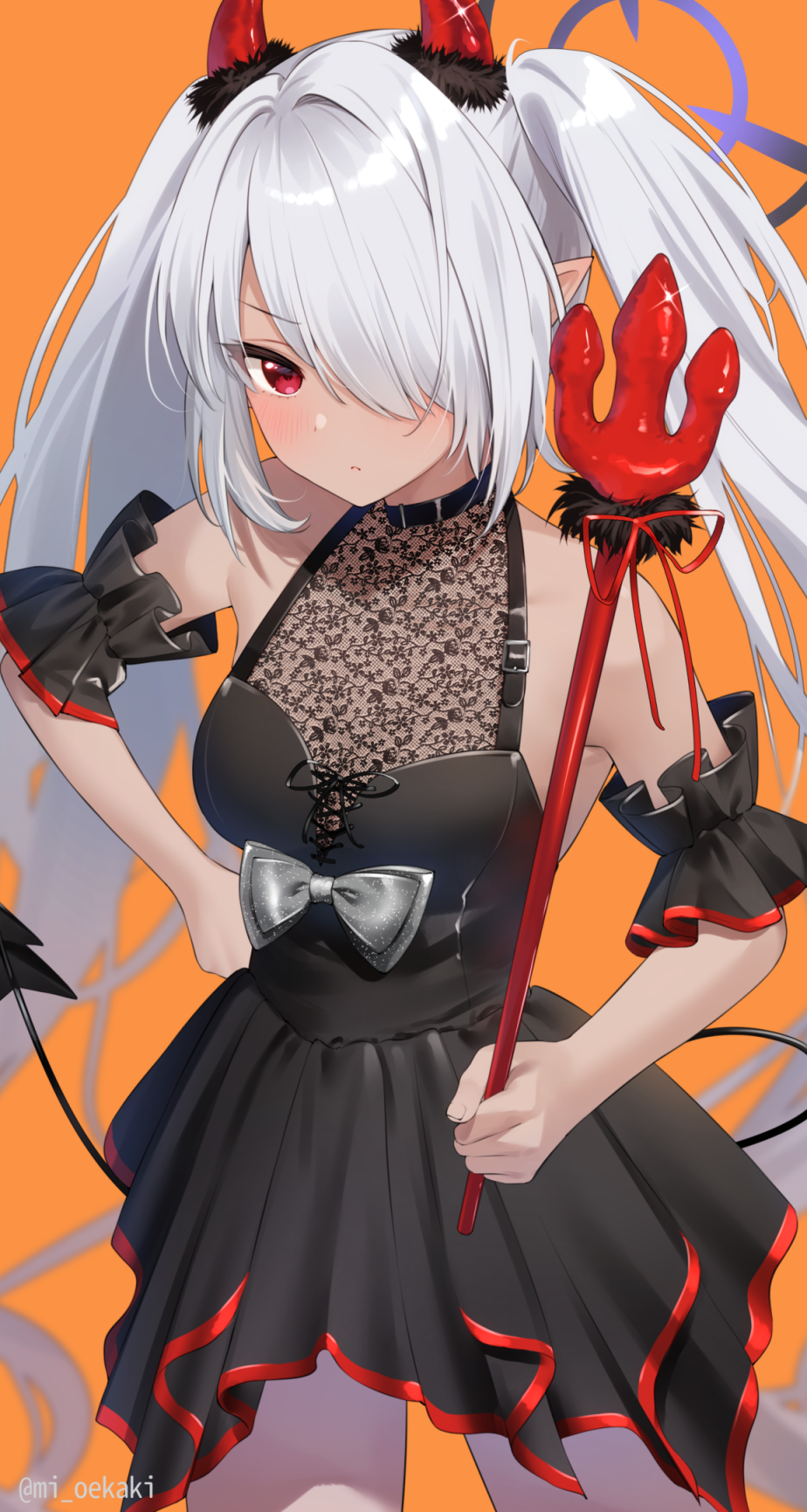 1girl alternate_costume black_dress black_tail blue_archive blush bow closed_mouth commentary_request cowboy_shot dress fake_horns grey_bow grey_hair hair_over_one_eye halloween halloween_costume halo highres holding holding_polearm holding_weapon horns iori_(blue_archive) long_hair looking_at_viewer orange_background pointy_ears polearm purple_halo red_eyes red_horns simple_background solo trident twintails twitter_username weapon yamamura_umi