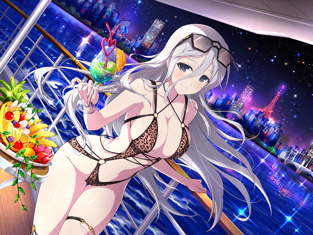 1girl animal_print armpit_crease banana bikini blueberry blush boat breasts building ceiling cherry city city_lights cityscape cleavage closed_mouth collarbone crazy_straw criss-cross_halter curvy dragon_fruit drink drinking_straw eyewear_on_head food fruit fruit_bowl gekkou_(senran_kagura) grapes green_eyes grey_hair groin hair_between_eyes halterneck heart holding holding_drink large_breasts leaf lens_flare leopard_print light_particles linea_alba long_hair looking_at_viewer mango navel night night_sky o-ring o-ring_bikini ocean official_alternate_costume official_art orange_(fruit) orange_slice outdoors pineapple pineapple_slice plant railing senran_kagura senran_kagura_new_link shiny_skin ship sideboob skindentation sky skyline skyscraper slingshot_swimsuit smile solo sparkle star_(sky) starry_sky sunglasses swimsuit table tareme tokyo_(city) tokyo_tower tower tree tropical_drink vines water watercraft waves yaegashi_nan