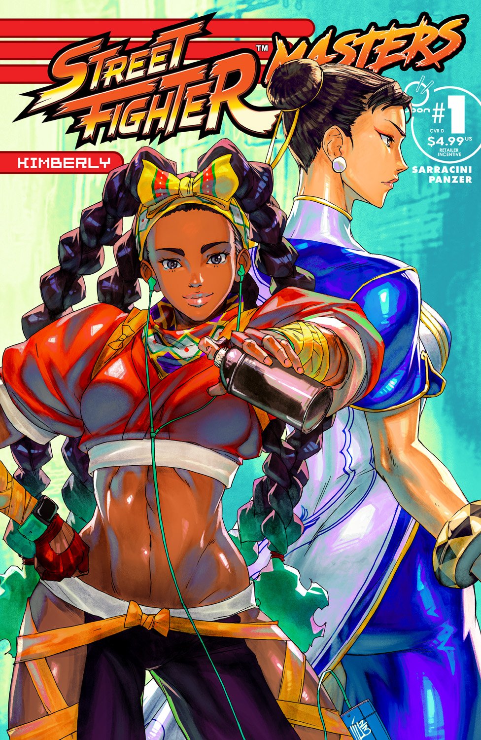 2girls arm_wrap ass back-to-back blue_leggings bow_hairband bracelet breasts china_dress chinese_clothes chun-li colored_tips commentary cover cover_page cropped_jacket dark_skin david_liu double_bun dress earbuds earphones earrings english_commentary fingerless_gloves gloves hair_bun hairband height_difference highres hip_vent jacket jewelry kimberly_jackson large_breasts leggings long_hair looking_at_viewer lowleg lowleg_pants mature_female midriff multicolored_hair multiple_girls navel official_art pants quad_braids red_jacket small_breasts smartwatch solo_focus spray_can street_fighter street_fighter_6 thick_thighs thighs toned udon_entertainment very_dark_skin watch white_dress wristwatch yellow_hairband