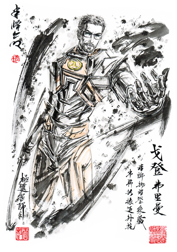 1boy armor beard black_hair blue_eyes crowbar facial_hair glasses gordon_freeman half-life hand_up hev_suit holding_crowbar ink_wash_painting jidao_huashi male_focus outstretched_arm rectangular_eyewear short_hair simple_background solo traditional_media translation_request weapon white_background