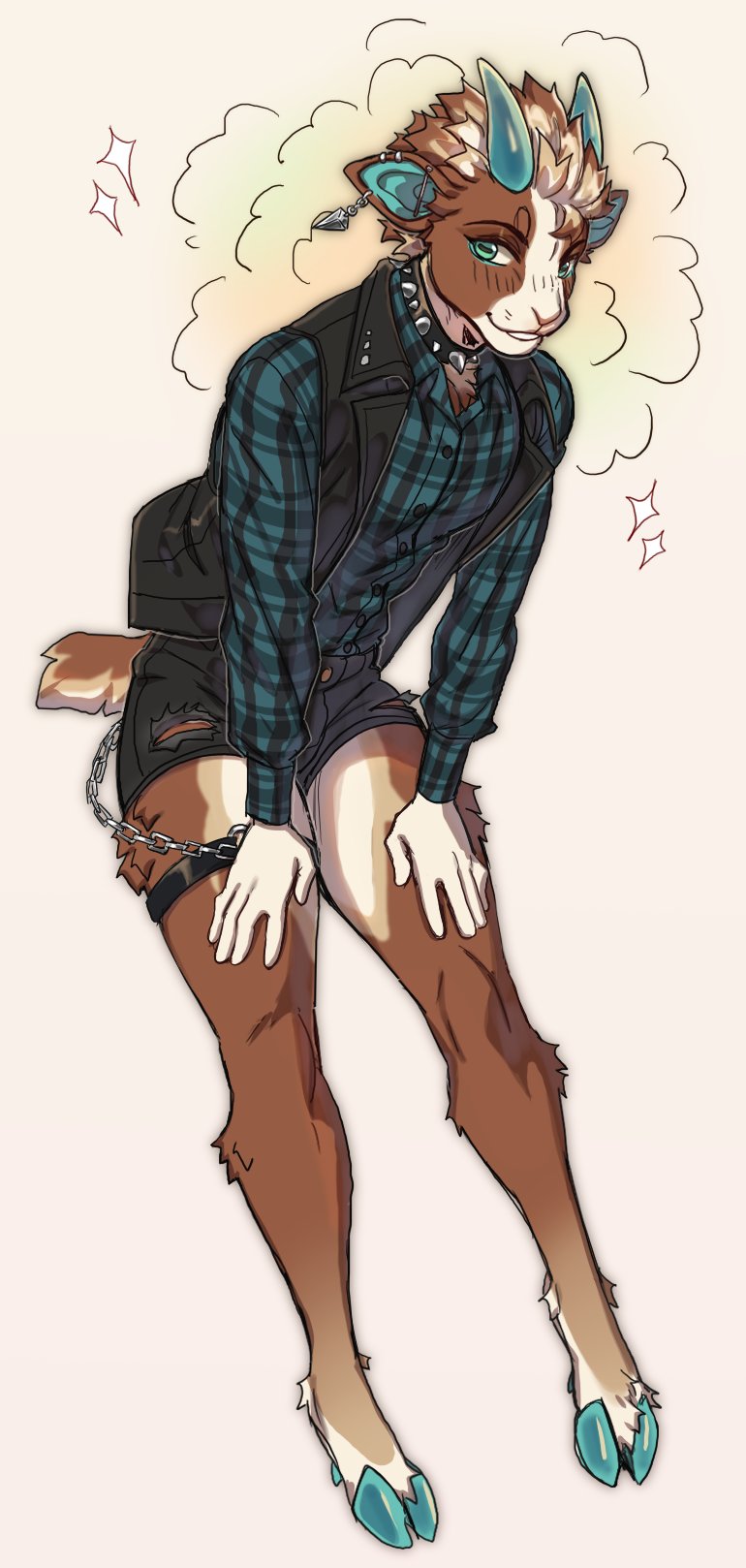 anthro bent_over bottomwear bovid brown_body brown_fur caprine chain clothed clothing cloven_hooves ear_piercing flannel flannel_shirt front_view fully_clothed fur goat green_eyes hi_res hooves horizontal_pupils industrial_piercing kasusei leather leather_clothing leather_topwear leather_vest long_sleeve_shirt male mammal piercing pupils shorts smile solo topwear vest