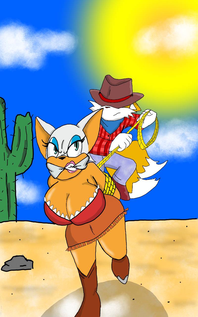 10:16 age_difference anthro bat bdsm bondage bound canid canine clothing cowboy cowboy_hat cowboy_outfit duo female fox hat headgear headwear hi_res larger_female lipstick makeup male male/female mammal miles_prower older_female phantom-x rope rouge_the_bat sega size_difference sonic_the_hedgehog_(series) younger_male