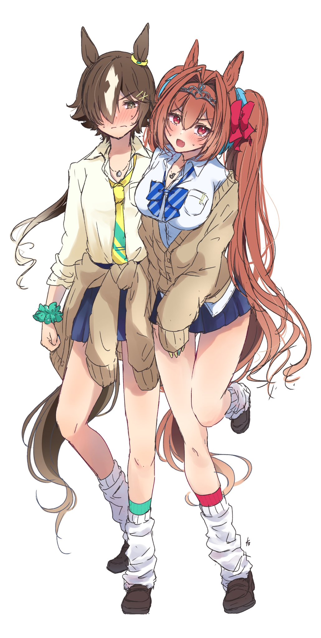 2girls :o alternate_costume blue_bow blue_bowtie blue_skirt blush bow bowtie breasts brown_cardigan brown_eyes brown_footwear brown_hair cardigan cardigan_around_waist cardigan_vest clothes_around_waist collared_shirt commentary daiwa_scarlet_(umamusume) ear_ornament embarrassed fang green_scrunchie gyaru hair_bow hair_intakes highres horse_girl large_breasts leg_up loafers long_hair long_sleeves looking_at_viewer loose_socks miniskirt multicolored_hair multiple_girls necktie pleated_skirt poco. red_bow red_eyes school_uniform scrunchie shirt shoes simple_background skin_fang skirt sleeves_past_wrists sleeves_rolled_up socks streaked_hair twintails umamusume very_long_hair vodka_(umamusume) wavy_mouth white_background white_hair white_shirt white_socks wrist_scrunchie yellow_necktie