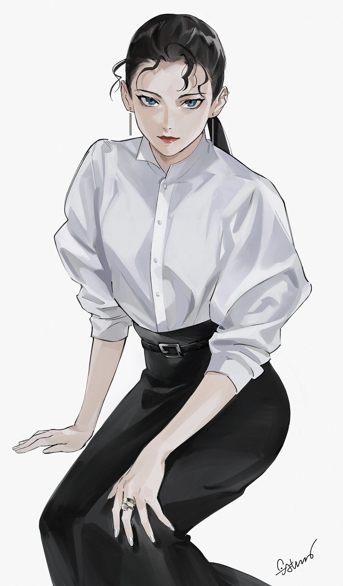 1girl arm_support belt black_hair black_nails black_skirt blue_eyes closed_mouth collared_shirt dress_shirt ear_piercing earrings feet_out_of_frame hair_pulled_back highres invisible_chair jewelry long_hair long_skirt looking_at_viewer meitantei_conan mizunashi_rena nail_polish piercing ponytail puffy_sleeves red_lips ring roru_(lol_dessin) shirt shirt_tucked_in signature simple_background sitting skirt sleeves_past_elbows sleeves_pushed_up smile solo wavy_hair white_background white_shirt