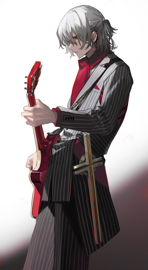 1boy antonio_salieri_(fate) antonio_salieri_(second_ascension)_(fate) ascot fate/grand_order fate_(series) formal grey_hair guitar holding_guitar instrument itefu jacket long_sleeves male_focus medallion music pants pinstripe_pants pinstripe_pattern pinstripe_suit playing_instrument red_ascot red_eyes short_hair simple_background solo striped striped_suit suit white_hair