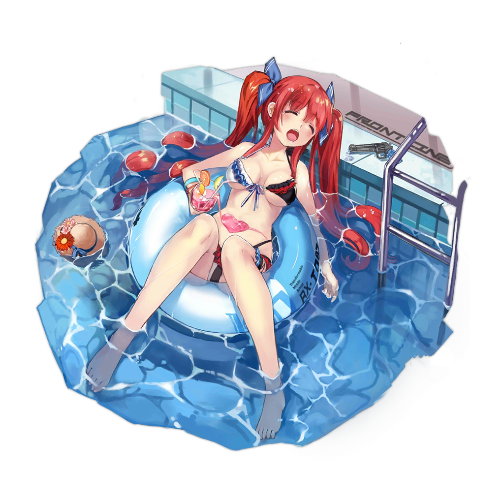 1girl afloat astra_revolver_(astra's_pool_adventures)_(girls'_frontline) astra_revolver_(girls'_frontline) barefoot bendy_straw bikini black_bikini blue_innertube blue_ribbon blue_wristband blush breasts closed_eyes cup drinking_straw feet food frilled_bikini frills front-tie_bikini_top front-tie_top fruit full_body girls'_frontline hair_ribbon hat hat_removed headwear_removed highleg highleg_bikini holding holding_cup innertube lime_(fruit) lime_slice long_hair lying navel official_alternate_costume official_art on_back open_mouth orange_(fruit) orange_slice partially_submerged pool_ladder red_hair ribbon side-tie_bikini_bottom simple_background solo spilling spirtie sun_hat swimsuit toes transparent_background tropical_drink twintails two-tone_bikini very_long_hair water water_gun wet white_bikini
