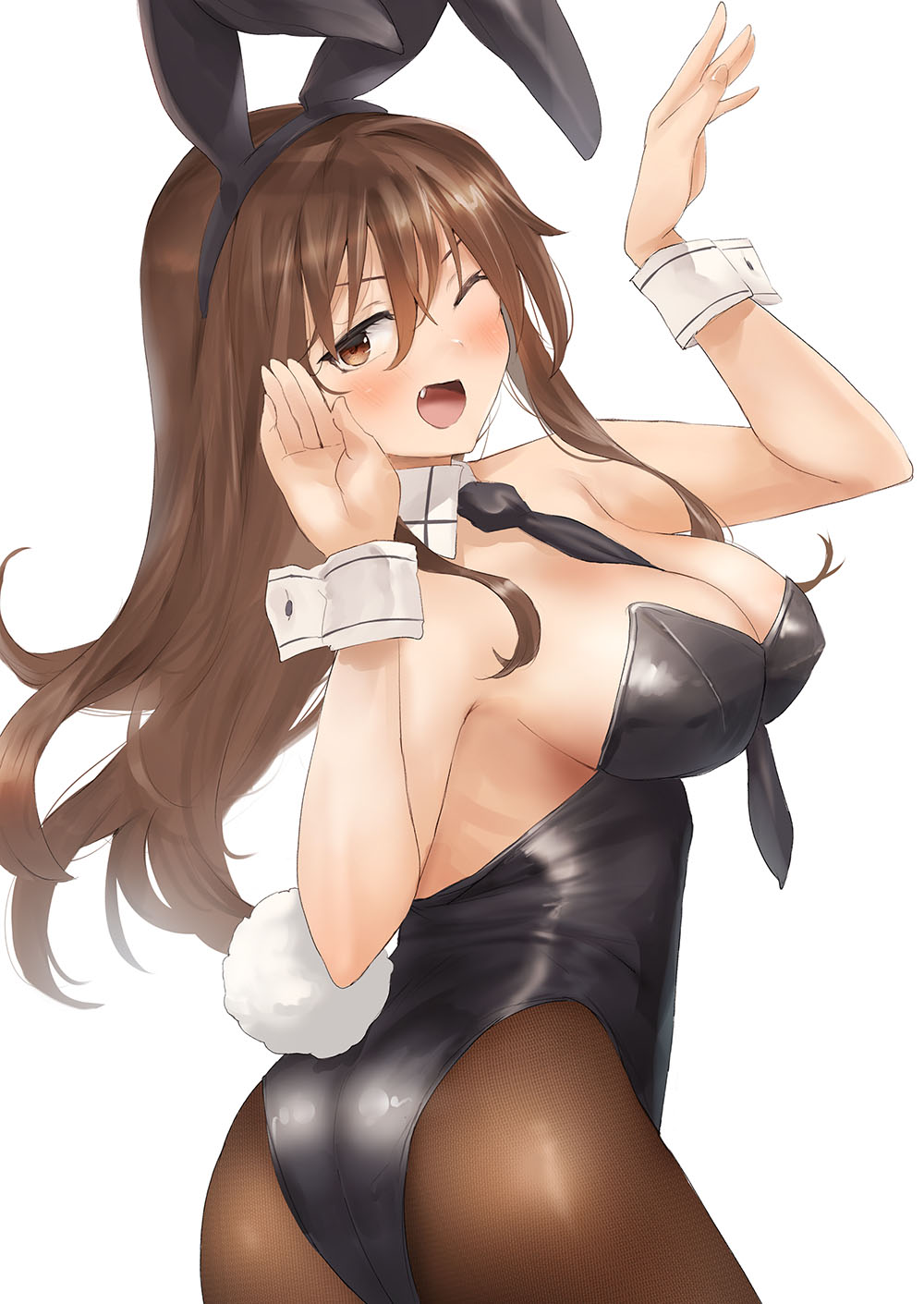 1girl animal_ears ashigara_(kancolle) ass between_breasts black_leotard blush breasts brown_eyes brown_hair brown_pantyhose cleavage covered_navel cowboy_shot detached_collar fake_animal_ears highres kantai_collection large_breasts leotard long_hair looking_at_viewer necktie necktie_between_breasts one_eye_closed open_mouth pantyhose playboy_bunny rabbit_ears rabbit_tail smile solo strapless strapless_leotard tail toka_(marchlizard) wavy_hair wrist_cuffs