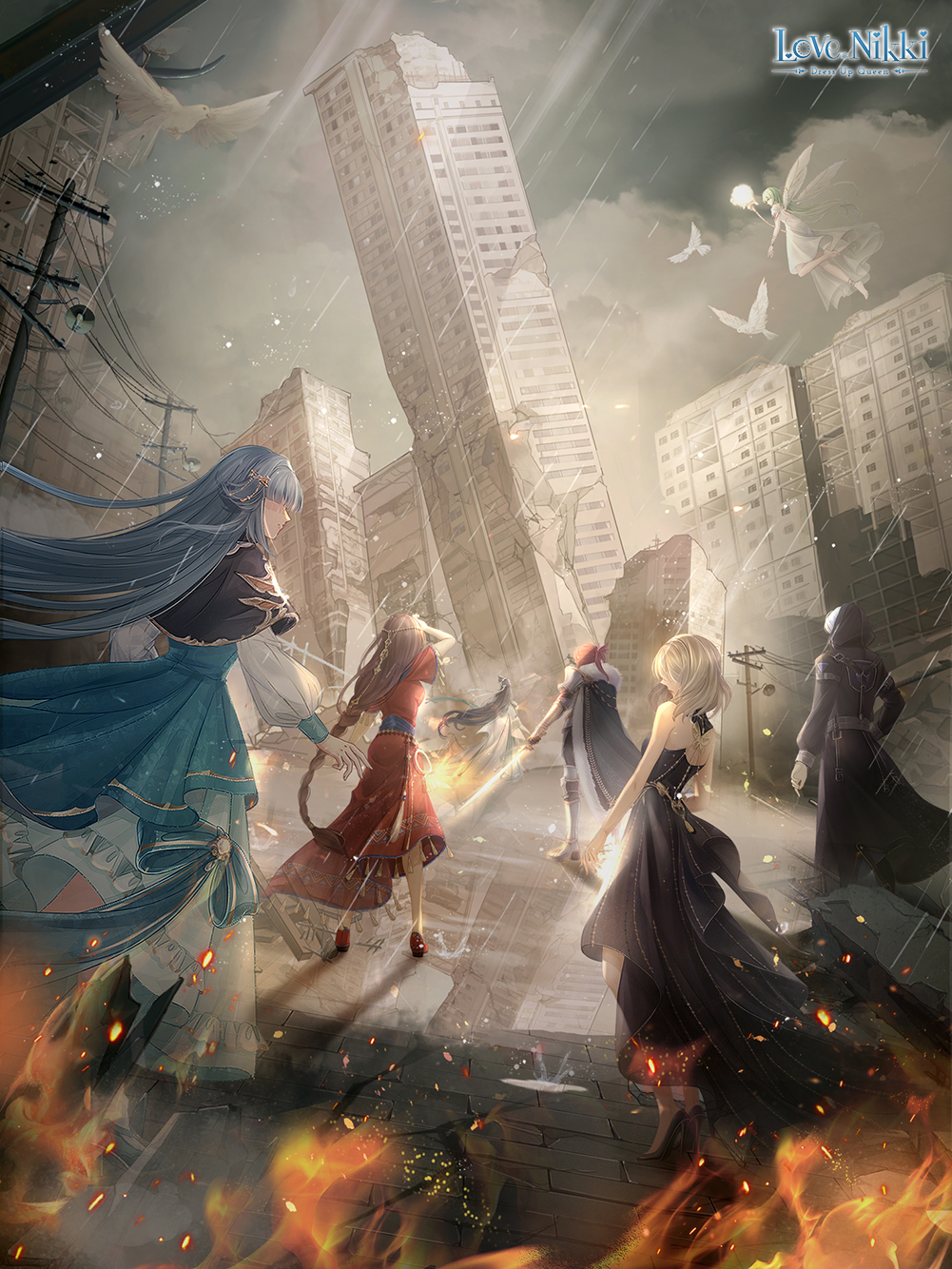 3boys 5girls bird black_dress black_jacket blonde_hair blue_dress blue_hair brown_hair cape copyright_name dove dress fire from_behind green_hair highres holding holding_sword holding_weapon insect_wings jacket long_hair miracle_nikki multiple_boys multiple_girls official_art pollution rain red_dress red_hair reflection reflective_water ruins shadow short_hair sunlight sword weapon wings