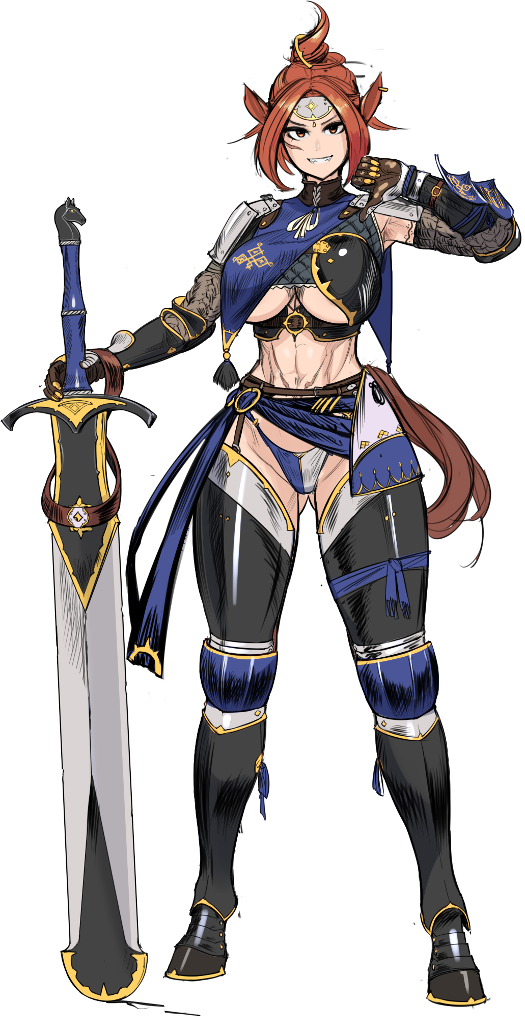 1girl abs animal_ears animal_feet armor breasts brown_hair forehead_protector gauntlets greaves highres hooves horse_girl knight muscular muscular_female nisetanaka original scar solo sword thong underboob weapon white_background