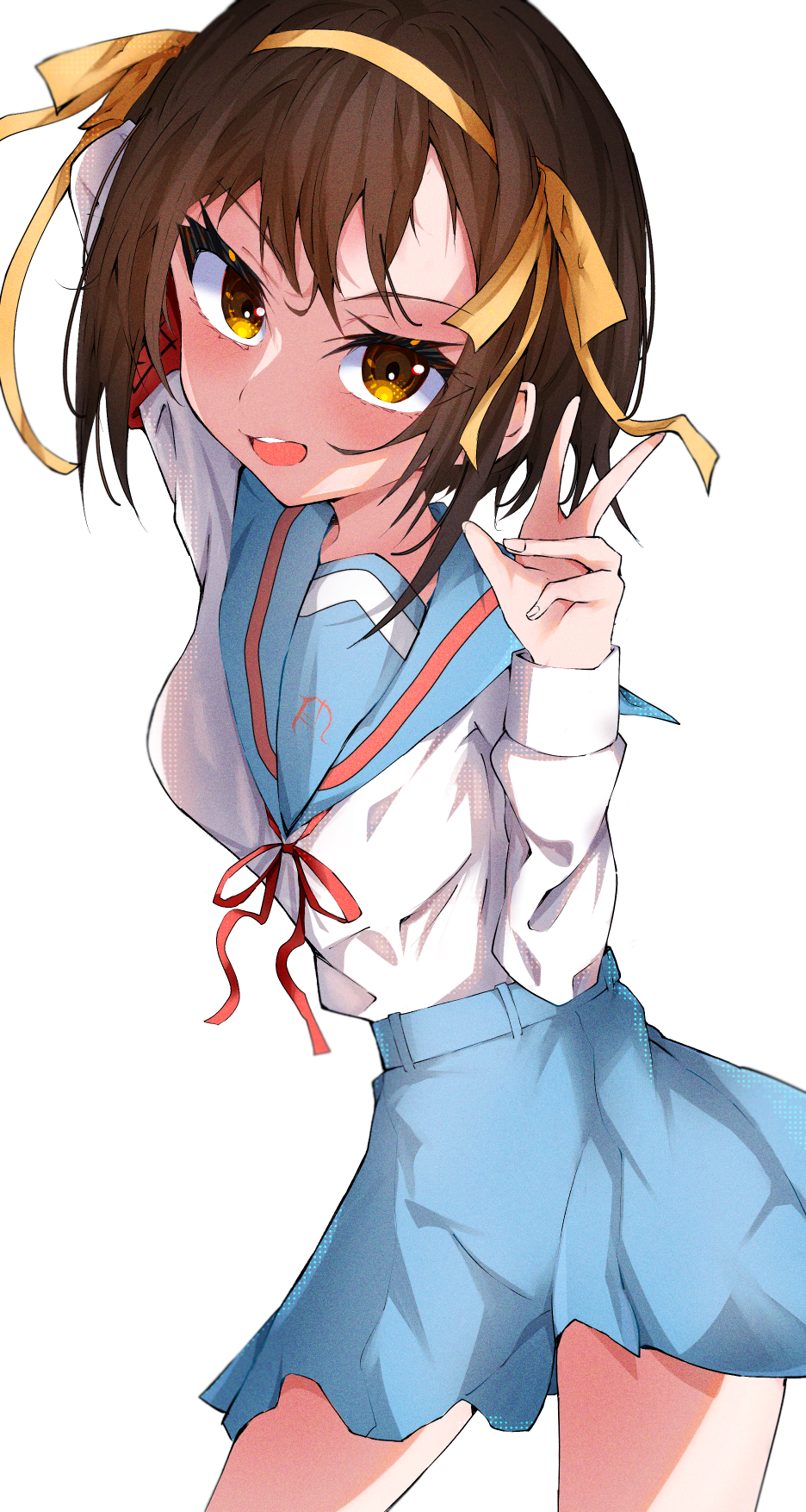 1girl arm_up armband belt blue_belt blue_sailor_collar blue_skirt breasts brown_eyes brown_hair cowboy_shot hair_ribbon hairband head_tilt highres kita_high_school_uniform looking_at_viewer medium_hair neck_ribbon open_mouth red_armband red_ribbon ribbon sailor_collar sailor_shirt sak1_01 saki02c school_uniform serafuku shirt simple_background skirt small_breasts solo suzumiya_haruhi suzumiya_haruhi_no_yuuutsu teeth upper_teeth_only v white_background winter_uniform yellow_hairband yellow_ribbon