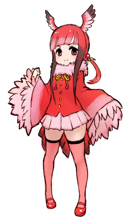 1girl bird_girl bird_tail bird_wings blunt_bangs bow bowtie brown_hair frilled_sleeves frills fur_collar hair_bobbles hair_ornament head_wings ise_(0425) kemono_friends long_sleeves looking_at_viewer mary_janes multicolored_hair pink_fur pink_skirt pleated_skirt red_eyes red_footwear red_hair red_shirt red_thighhighs scarlet_ibis_(kemono_friends) shirt shoes short_twintails sidelocks skirt solo tail thighhighs twintails wings yellow_bow yellow_bowtie zettai_ryouiki