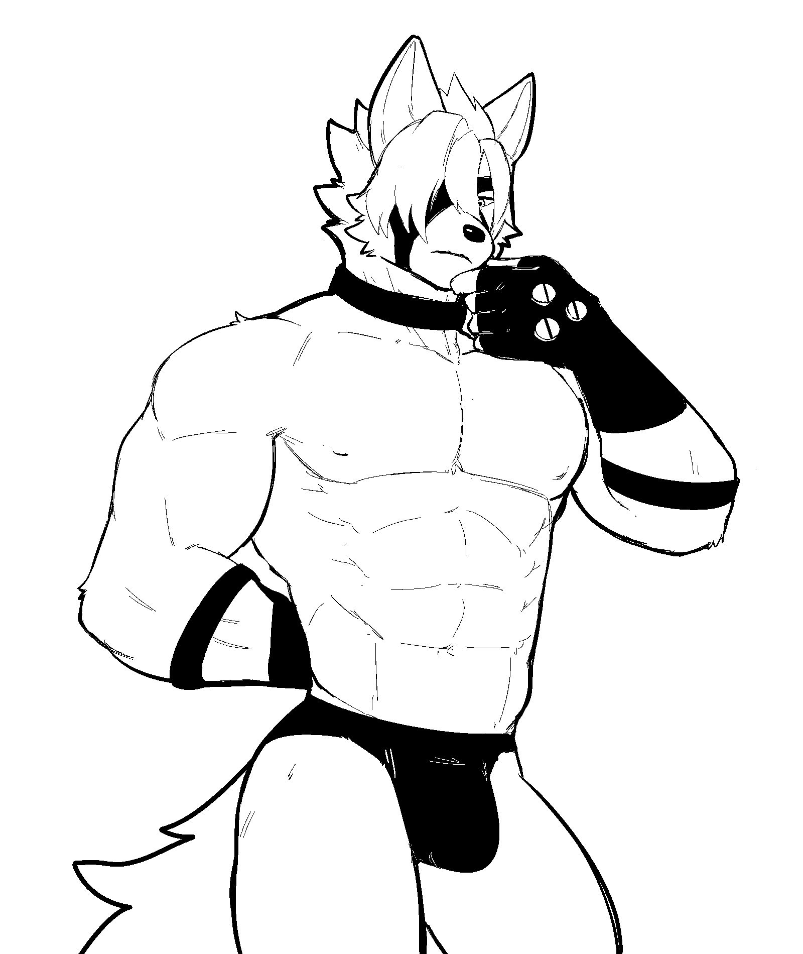 2023 anthro bulge canid canine canis clothing collar fingerless_gloves fur gloves hair handwear hi_res jrjresq male mammal mihoyo monochrome muscular muscular_anthro muscular_male sketch solo tail von_lycaon wolf zenless_zone_zero