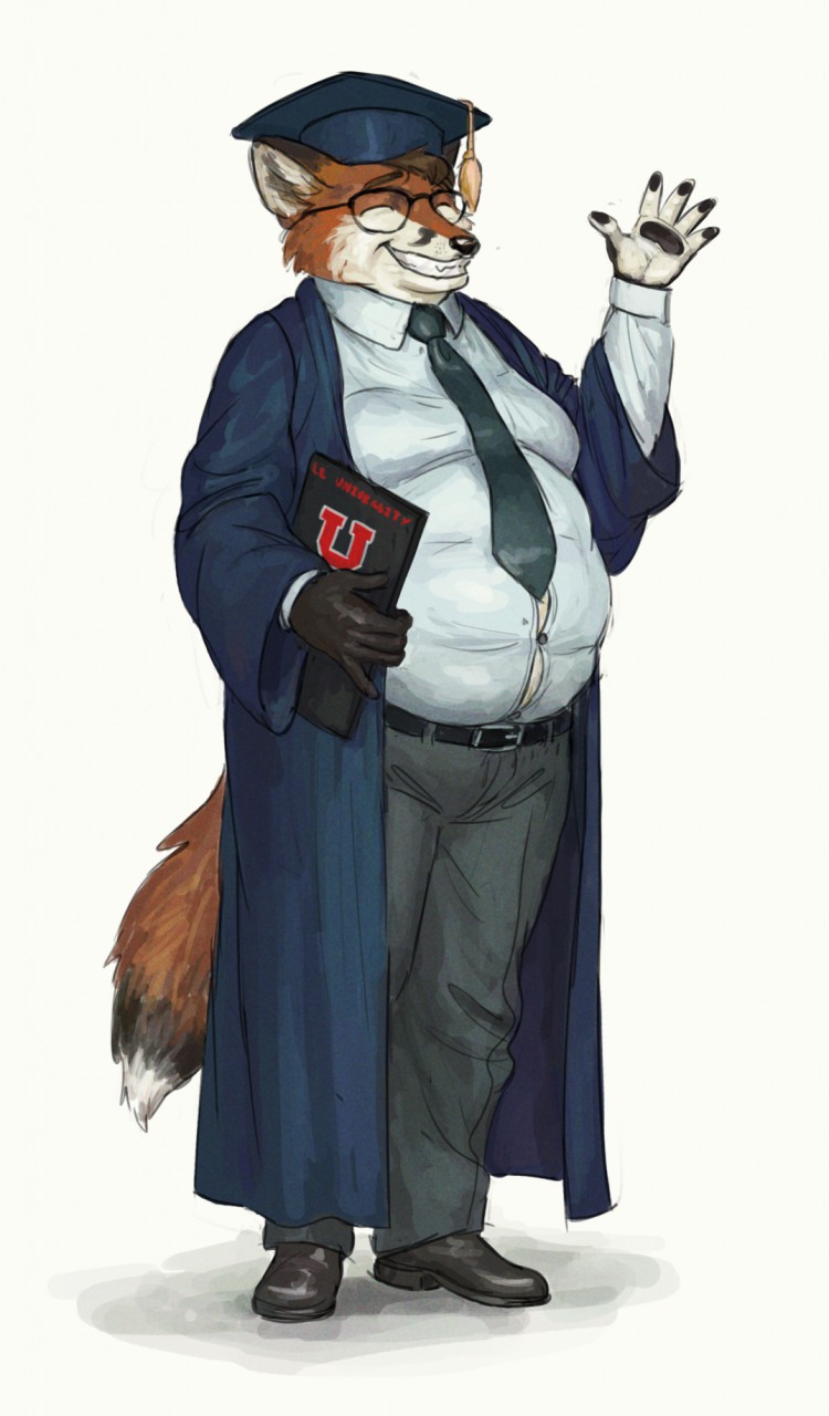 2020 anthro belly big_belly book bottomwear canid canine cettus clothed clothing dress_shirt eyes_closed eyewear footwear fox fully_clothed fur gesture glasses graduation graduation_cap graduation_robe happy hi_res holding_book holding_object male mammal necktie orange_body orange_fur overweight overweight_anthro overweight_male pants robe shirt shoes simple_background smile solo standing tail topwear waving white_background white_body white_fur