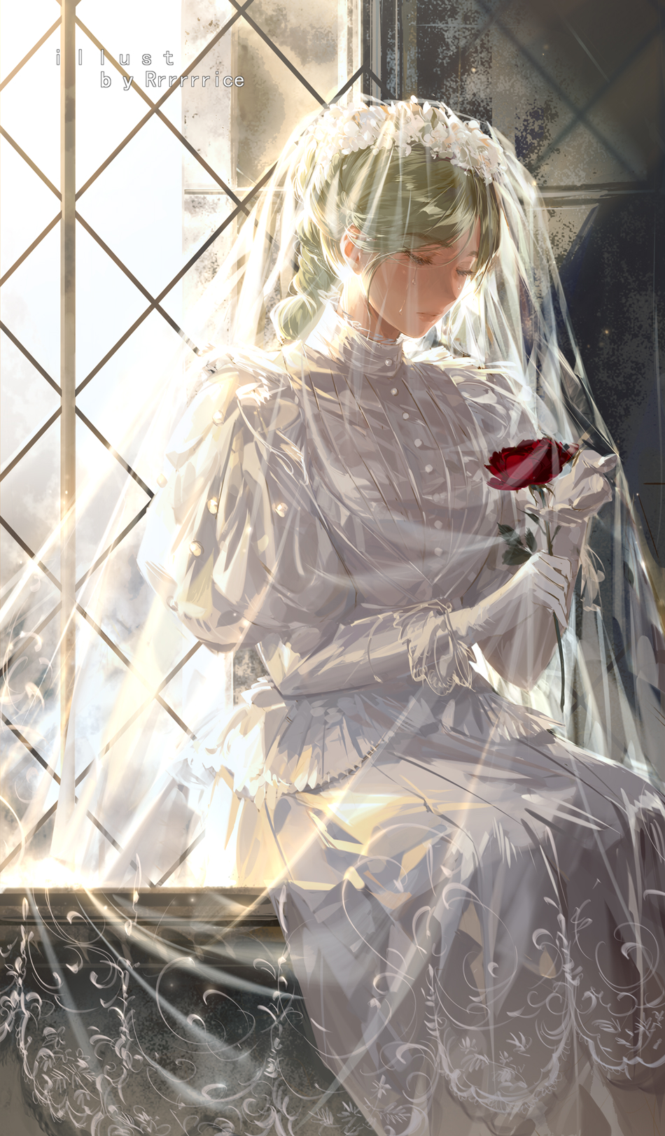 1girl artist_name bloom braid braided_ponytail bridal_veil bride collar crying crying_with_eyes_open dress flower frilled_collar frills gloves hair_flower hair_ornament highres holding holding_flower juliet_sleeves long_sleeves looking_at_flowers original parted_bangs puffy_sleeves red_flower red_rose rose rrr_(reason) sad sitting solo sunlight tears veil watermark wedding_dress white_gloves window_shade windowsill