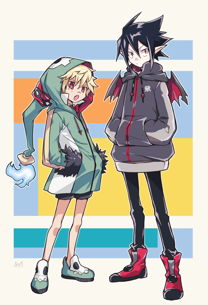 2boys alternate_costume bat_wings black_hair black_pants black_shorts blonde_hair disgaea emizel_(disgaea) full_body grey_hoodie hair_between_eyes hands_in_pockets hood hood_down hood_up hooded_jacket hoodie issa_(sorako45) jacket long_hoodie looking_at_viewer looking_to_the_side makai_senki_disgaea_4 male_focus multiple_boys open_mouth outline pants pointy_ears red_eyes red_footwear shorts simple_background skinny_jeans standing valvatorez_(disgaea) white_outline wings