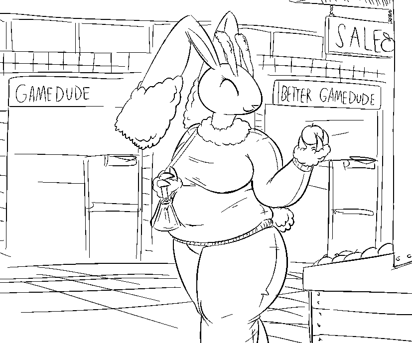 3_fingers aliasing anthro apple belly black_and_white bottomwear breasts clothing detailed_background door english_text eyelashes eyes_closed female fingers floppy_ears food fruit generation_4_pokemon holding_apple holding_food holding_fruit holding_object long_ears lopunny mall mature_female medium_breasts monochrome navel_outline nintendo overweight overweight_anthro overweight_female pants plant pokemon pokemon_(species) pokemorph purse scut_tail shopping short_tail sign solo sweater tail text thatoneaceguy thick_thighs three-quarter_view topwear walking