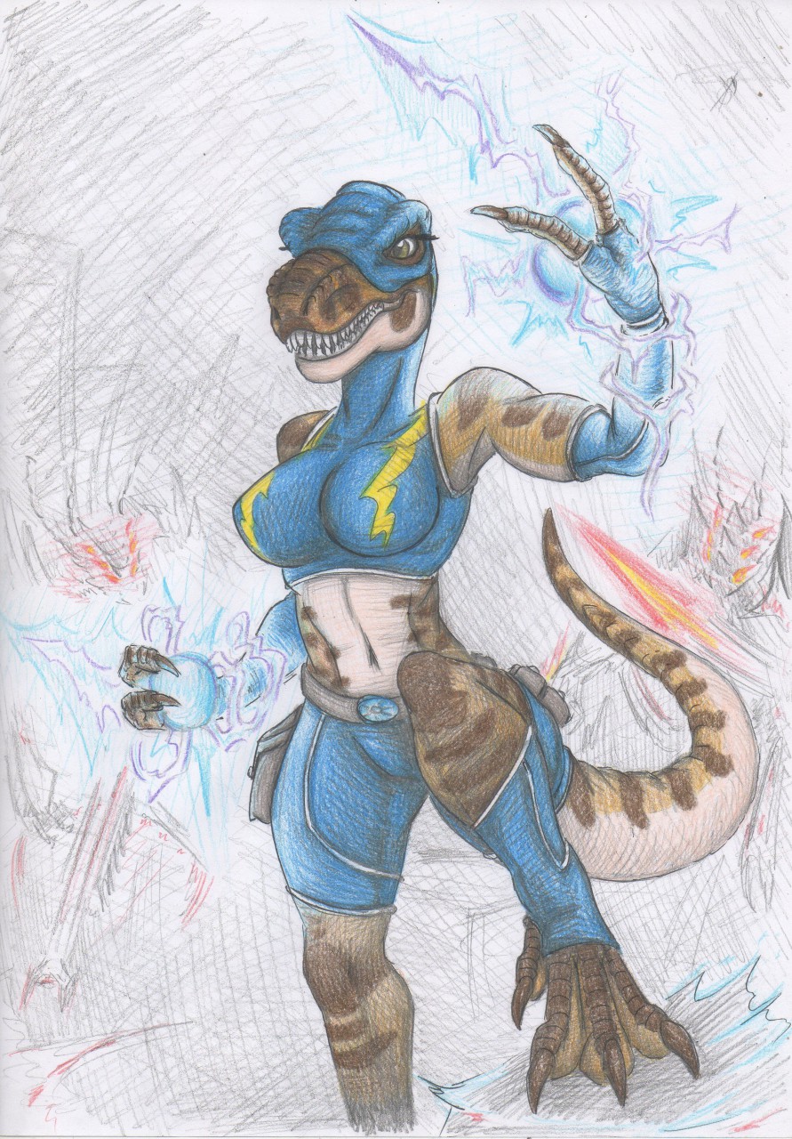 anthro anthrosaurs armwear big_breasts breasts clothing colored_pencil_(artwork) dinosaur elbow_gloves electricity electricity_manipulation elemental_manipulation female fingerless_gloves gloves handwear hi_res mask matilda_(raphael) midriff non-mammal_breasts reptile scalie solo spiritalpha stripes tail teeth theropod traditional_media_(artwork) tyrannosaurid tyrannosaurus tyrannosaurus_rex