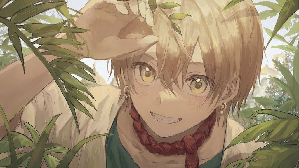 1boy ali_baba_saluja blonde_hair blue_shirt blush collarbone commentary_request earrings food hair_between_eyes hand_up jewelry kumagai_yuka leaf looking_to_the_side magi_the_labyrinth_of_magic male_focus mushroom open_clothes open_shirt outdoors shirt short_hair short_sleeves simple_background smile solo t-shirt teeth white_background white_shirt yellow_eyes