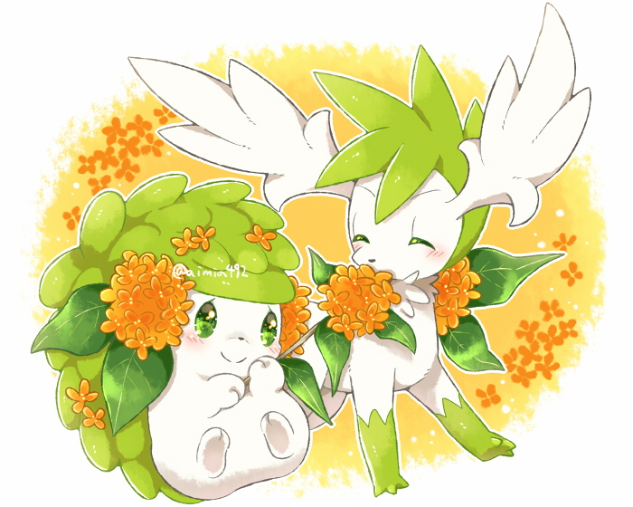 ^_^ aimi_(aimia492) artist_name blush closed_eyes closed_mouth commentary_request flower full_body green_eyes leaf looking_at_another looking_to_the_side no_humans orange_background orange_flower pokemon pokemon_(creature) shaymin shaymin_(land) shaymin_(sky) simple_background smile split_mouth twitter_username white_background yellow_background