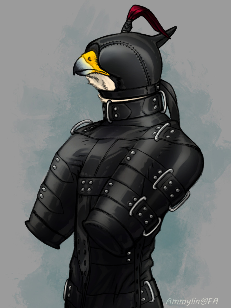 aarakocra_(dnd) ammylin anthro avian bdsm bird bitchsuit blindfold bondage bondage_gear bound buckle falcon falconid falconry_hood hi_res hood leather male solo straps