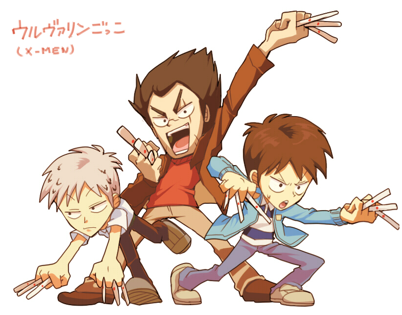 3boys akagi:_yami_ni_oritatta_tensai akagi_shigeru between_fingers black_eyes black_pants blue_cardigan brown_hair brown_jacket brown_pants cardigan closed_mouth commentary_request expressionless full_body grey_footwear grey_hair grey_pants hair_slicked_back holding igawa_hiroyuki jacket long_sleeves looking_afar looking_at_viewer mahjong male_focus marvel multiple_boys open_mouth pants red_shirt shirt shoes short_bangs short_hair short_sleeves simple_background smile striped striped_shirt t_k_g teeth ten_(manga) ten_takashi tenbou time_paradox translation_request v-shaped_eyebrows white_background white_shirt wolverine x-men