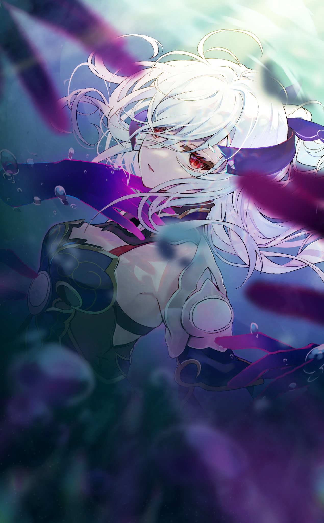 1girl bare_shoulders blind blue_sleeves bubble detached_sleeves ghost_hands gloves high_ponytail highres honkai:_star_rail honkai_(series) jingliu_(honkai:_star_rail) long_hair looking_at_viewer ponytail red_eyes tautani underwater white_hair