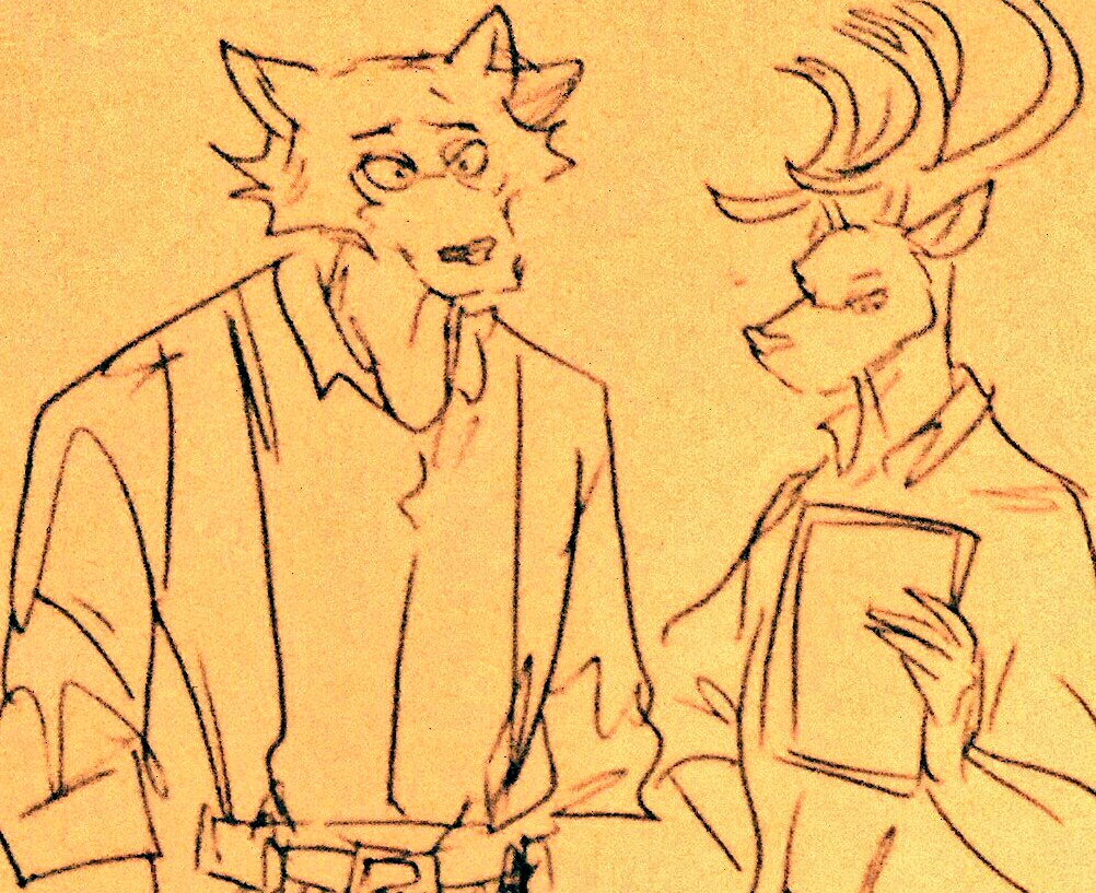 anthro antlers beastars canid canine canis clothed clothing deer duo fully_clothed horn legoshi_(beastars) looking_down louis_(beastars) male male/male mammal paper reading script wolf wuffinarts