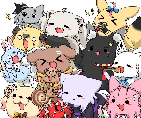 &gt;_&lt; :3 ahoge animalization ayunda_risu bow carrot cat chopsticks fang feeding fox hair_bun hakos_baelz hakui_koyori holding holding_chopsticks hololive hololive_english hololive_indonesia instrument inugami_korone kazoo momosuzu_nene nekomata_okayu omaru_polka ookami_mio rabbit seal_(animal) shirakami_fubuki shishiro_botan squirrel test_tube tsunomaki_watame usada_pekora vestia_zeta virtual_youtuber white_background wolf yuuji_(sdcg00)