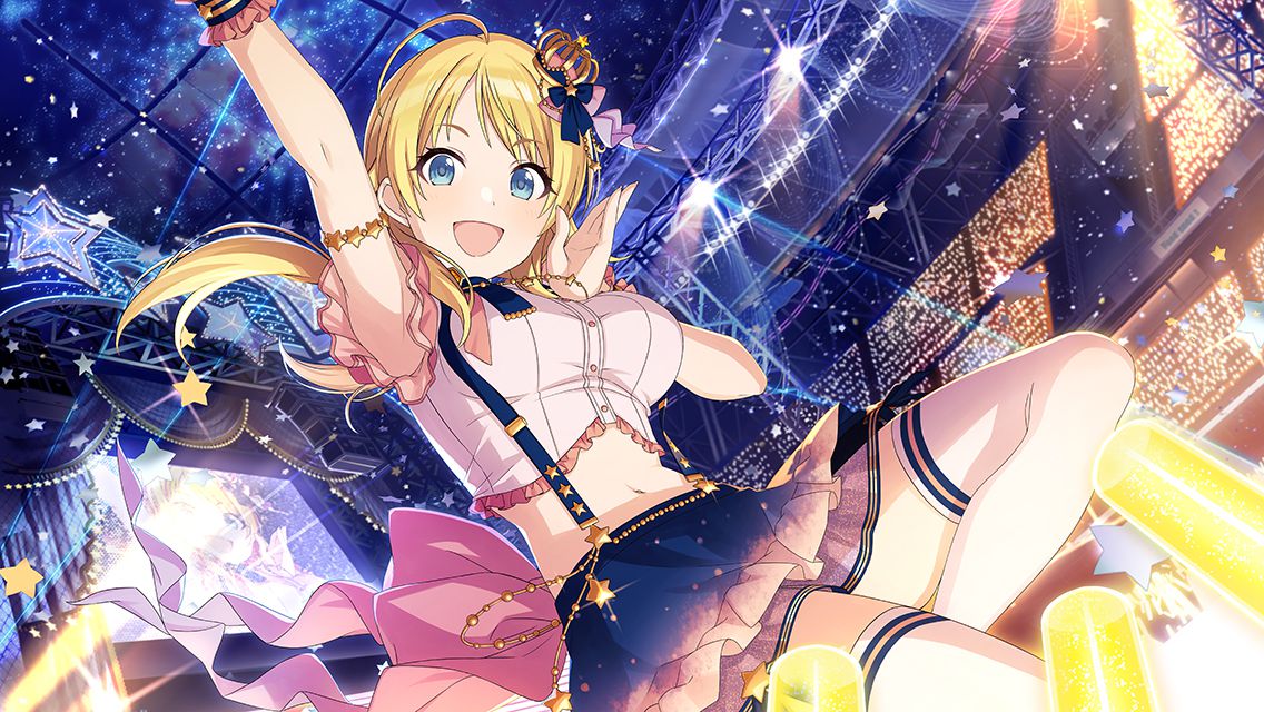 1girl :d ahoge arm_garter arm_up armpits blonde_hair blue_eyes blue_skirt bow breasts chain crop_top crowd crown feet_out_of_frame frilled_shirt frilled_sleeves frills game_cg glowstick gold_chain gold_necklace gradient_skirt hachimiya_meguru hair_ornament idolmaster idolmaster_shiny_colors jewelry jumping large_breasts light_particles low_twintails midriff mini_crown navel necklace night night_sky official_art open_mouth penlight_(glowstick) pink_bow pink_skirt shirt skirt sky sleeveless smile solo_focus sparkle stage stage_lights star_(symbol) star_necklace suspender_skirt suspenders thighhighs twintails white_shirt white_thighhighs wrist_cuffs