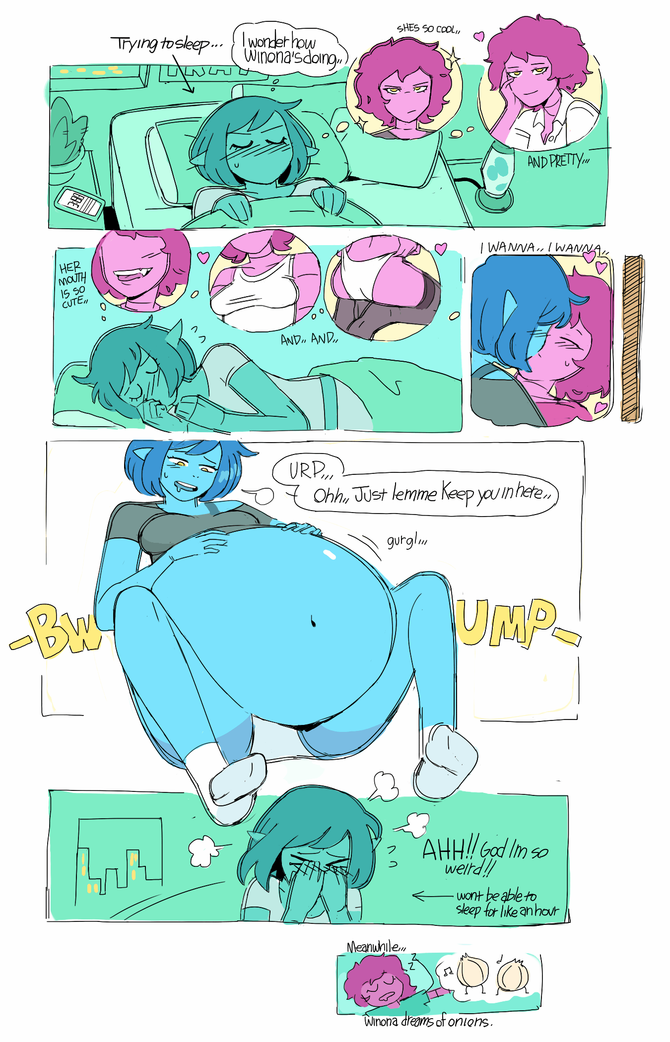 &lt;3 9:14 alien alien_humanoid animal_humanoid bed belly big_belly big_breasts blue_body blue_hair breasts building butt comic dialogue dream duo english_text female female/female fish fish_humanoid furniture hair hand_on_stomach hi_res humanoid humanoid_pointy_ears hyper hyper_belly kissing lewdlemage marine marine_humanoid n'urs_joy navel open_mouth oral_vore pillow pink_body pink_hair sleeping smile sound_effects speech_bubble teeth text thought_bubble vore window winona_rider yellow_eyes
