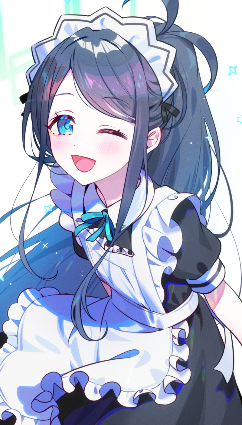 ;d aris_(blue_archive) aris_(maid)_(blue_archive) black_hair blue_archive blue_eyes gradient_hair halo highres long_hair looking_at_viewer maid maid_headdress multicolored_hair official_alternate_costume one_eye_closed open_mouth ponytail short_sleeves smile yuura