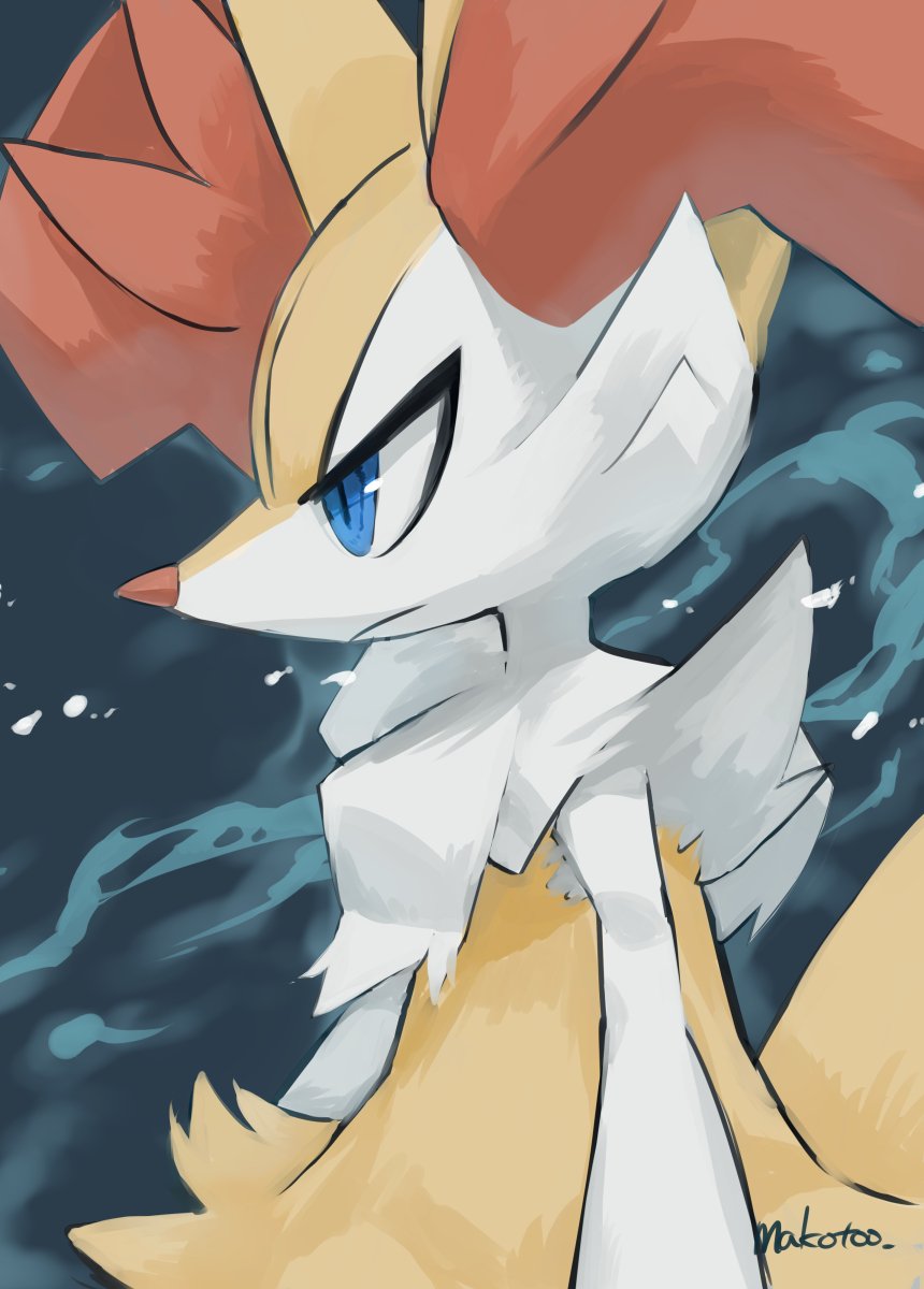 2023 biped blue_eyes braixen colored digital_media_(artwork) digital_painting_(artwork) feral fur fur_tuft generation_6_pokemon half-length_portrait hi_res inner_ear_fluff lir_(icma) makotoo male_(lore) nintendo orange_body orange_fur orange_inner_ear_fluff orange_nose pmd:_icma pokemon pokemon_(species) pokemon_mystery_dungeon portrait side_view signature solo tail tuft white_arms white_body white_fur yellow_body yellow_ears yellow_fur yellow_tail young_(lore)