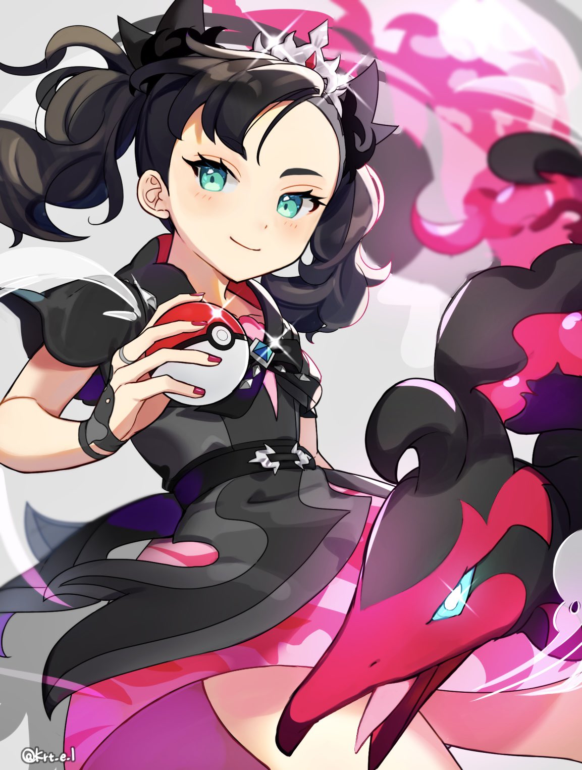 1girl aqua_eyes asymmetrical_bangs bad_source bird black_dress black_hair dress fingerless_gloves galarian_moltres gloves highres holding holding_poke_ball jewelry kuratan22 looking_at_viewer marnie_(champion)_(pokemon) marnie_(pokemon) nail_polish poke_ball pokemon pokemon_(creature) pokemon_(game) red_nails ring smile tiara twintails