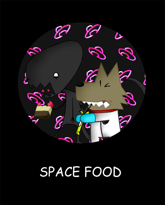 albert_lupine alien anthro ayato black_background black_body black_nose black_scales brown_body brown_fur canid canine canis duo eating english_text eyes_closed food fur gums_(mouth) ice_cream_bar lupine_and_scott male mammal open_mouth scales scott_(ayato) simple_background slim_jim spacesuit teeth_showing text white_spacesuit wolf