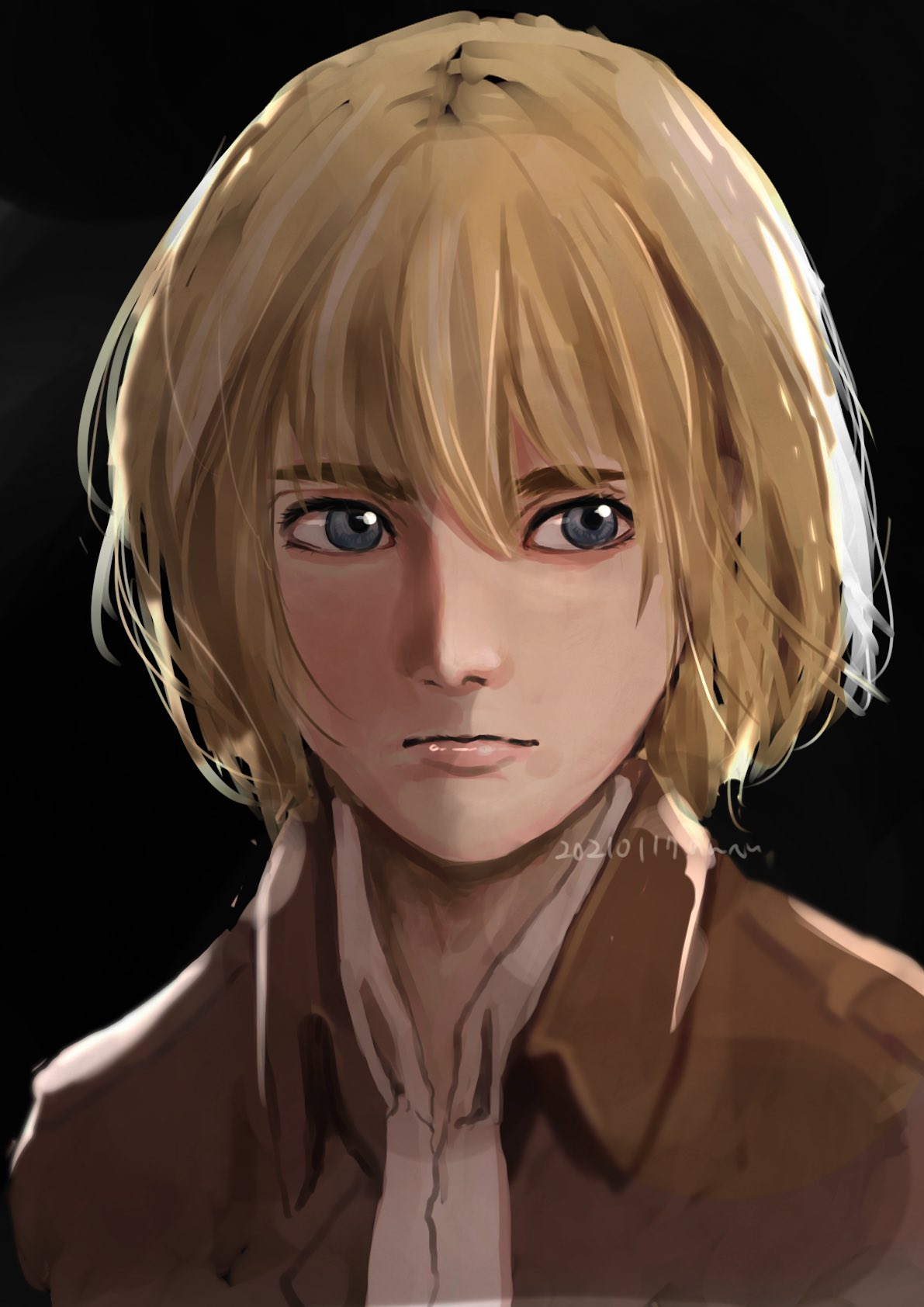 1boy armin_arlert blonde_hair blue_eyes collared_jacket expressionless highres jacket male_focus moriori1113 paradis_military_uniform portrait shingeki_no_kyojin short_hair sideways_glance solo