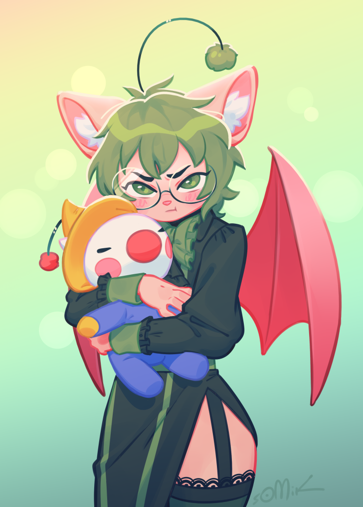 2023 anthro back_wings bat_wings biped black_clothing black_legwear black_stockings blush blush_lines clothed clothing crossdressing eric_the_moogle eyebrows eyewear final_fantasy front_view garter_straps girly glasses green_eyes green_hair hair holding_object holding_plushie hugging_plushie legwear looking_at_viewer male mammal membrane_(anatomy) membranous_wings moogle pink_nose plushie pom_poms round_glasses short_hair simple_background solo somik square_enix standing stockings thigh_highs wings